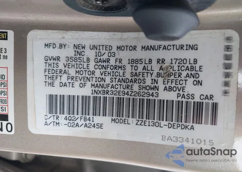 2004 Toyota Corolla Ce from USA, damaged, VIN 1NXBR32E94Z262943